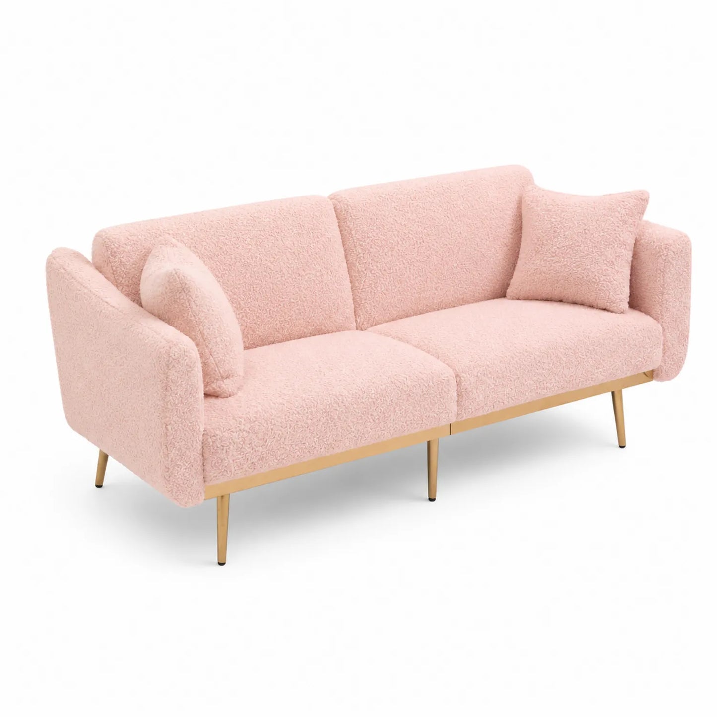 Divano 3 posti in tessuto bouclé rosa con gambe in legno