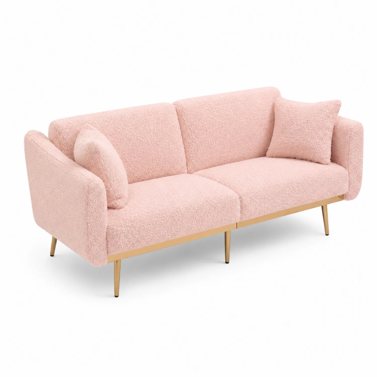Divano 3 posti in tessuto bouclé rosa con gambe in legno