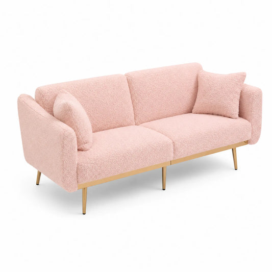Divano 3 posti in tessuto bouclé rosa con gambe in legno