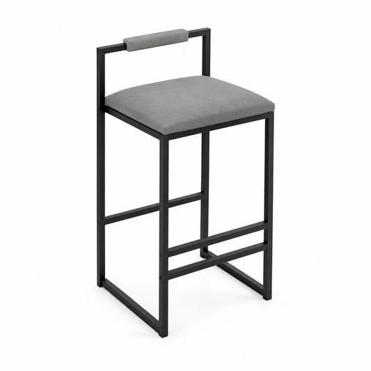 Sgabello in metallo nero con seduta in tessuto poliestere grigio