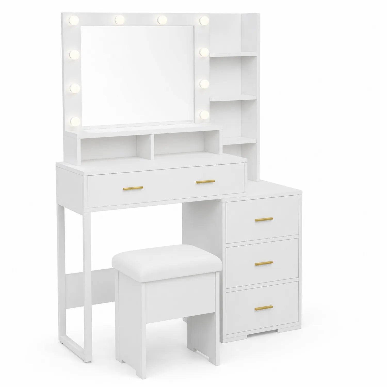 Toeletta con Specchio e Luci in Legno MDF con Sgabello