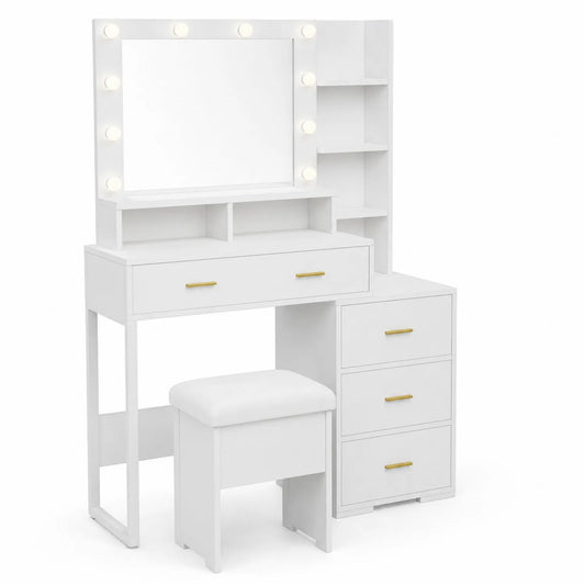 Toeletta con Specchio e Luci in Legno MDF con Sgabello