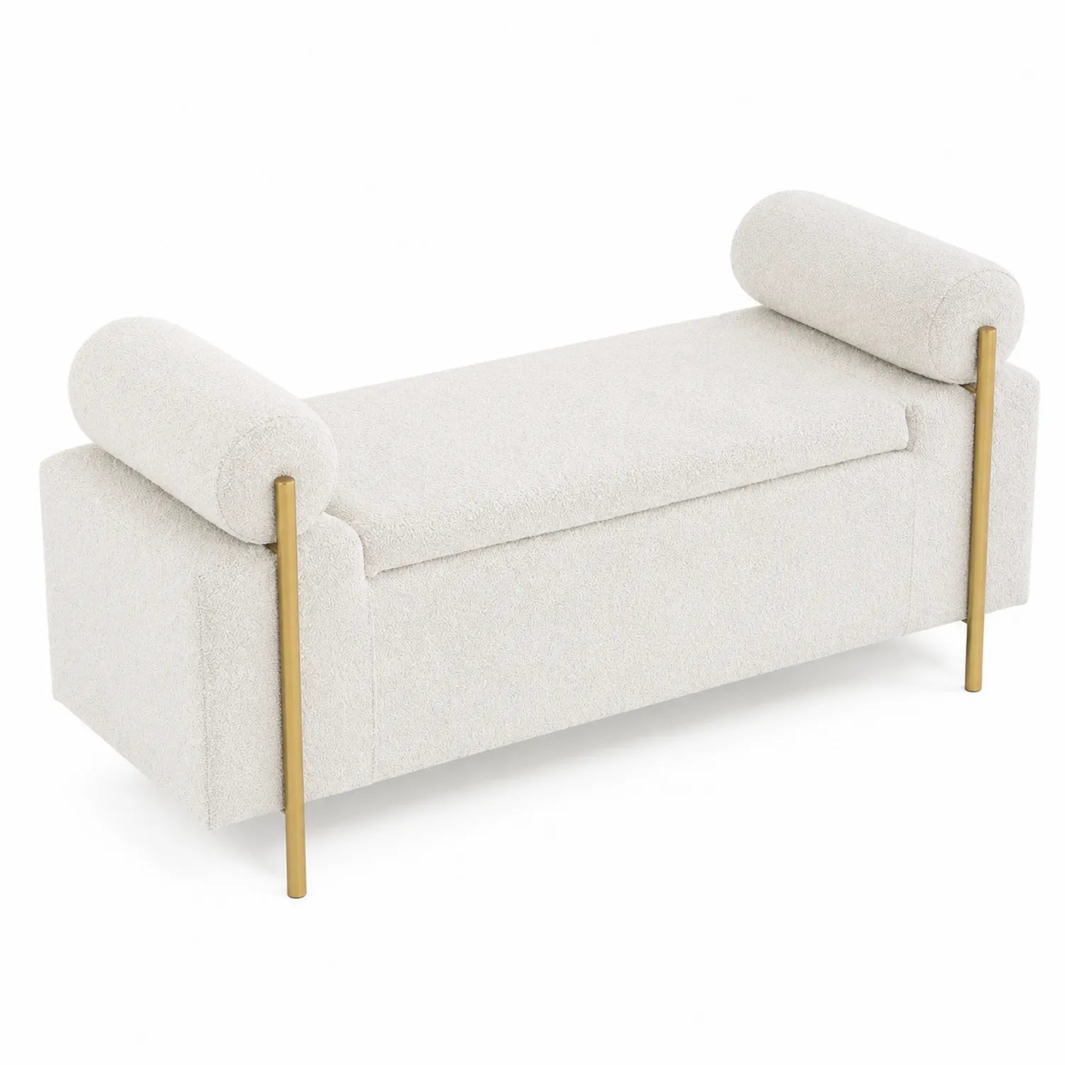 Panca in bouclé bianco con gambe in metallo dorato
