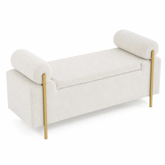 Panca in bouclé bianco con gambe in metallo dorato