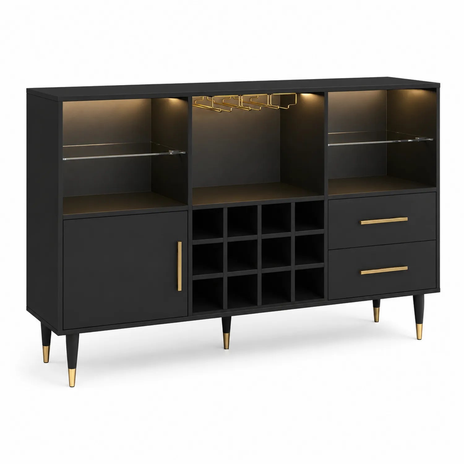 Mobile Bar in MDF Nero con Mensole in Vetro Temperato