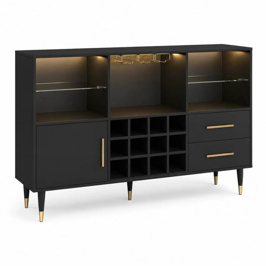Mobile Bar in MDF Nero con Mensole in Vetro Temperato
