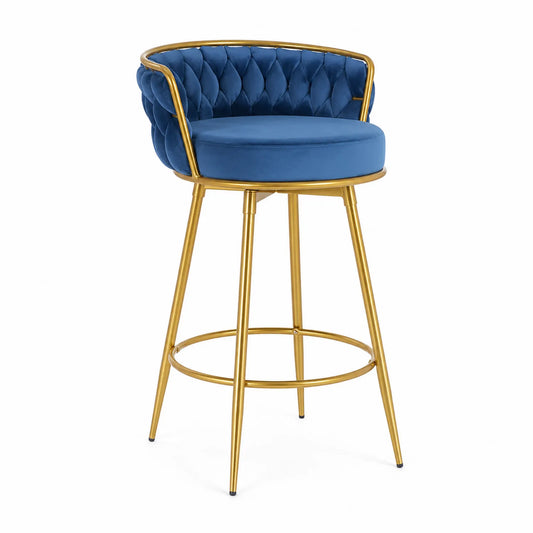 Sgabello in Velluto Blu con Struttura in Metallo Dorato