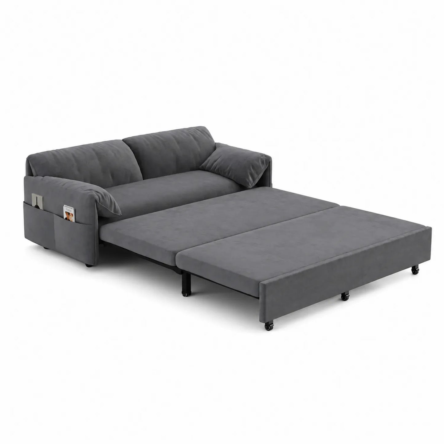 Divano Letto in Velluto Grigio con Tasche Laterali
