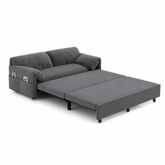 Divano Letto in Velluto Grigio con Tasche Laterali