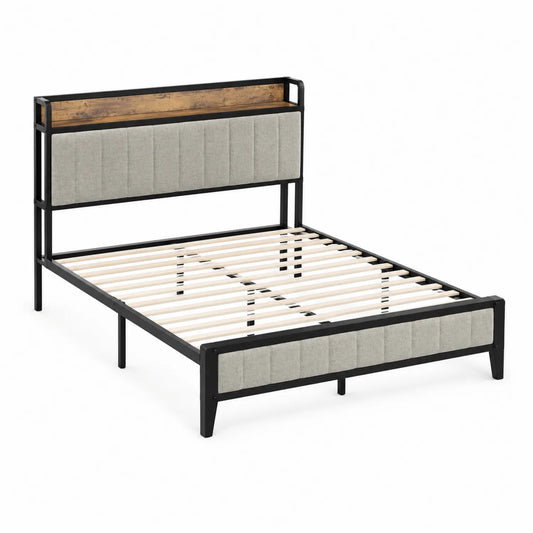 Letto matrimoniale in metallo e tessuto grigio 160x200 cm