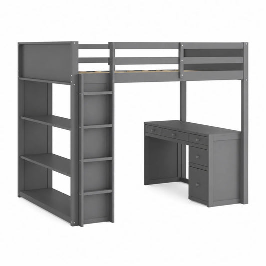 Letto a soppalco con scrivania e scaffalatura in legno colore Grigio