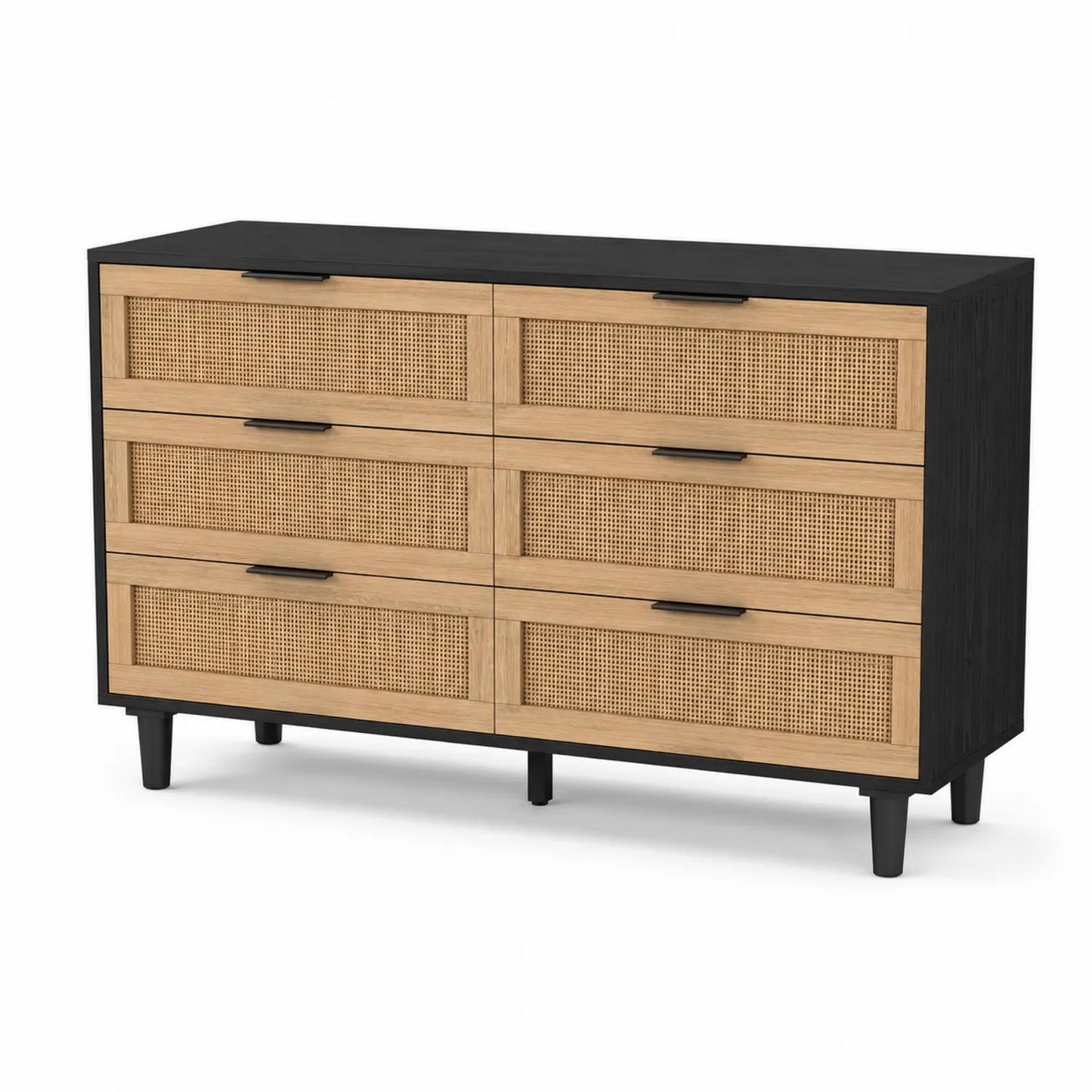 Cassettiera in legno e rattan a 6 cassetti Nero/Naturale
