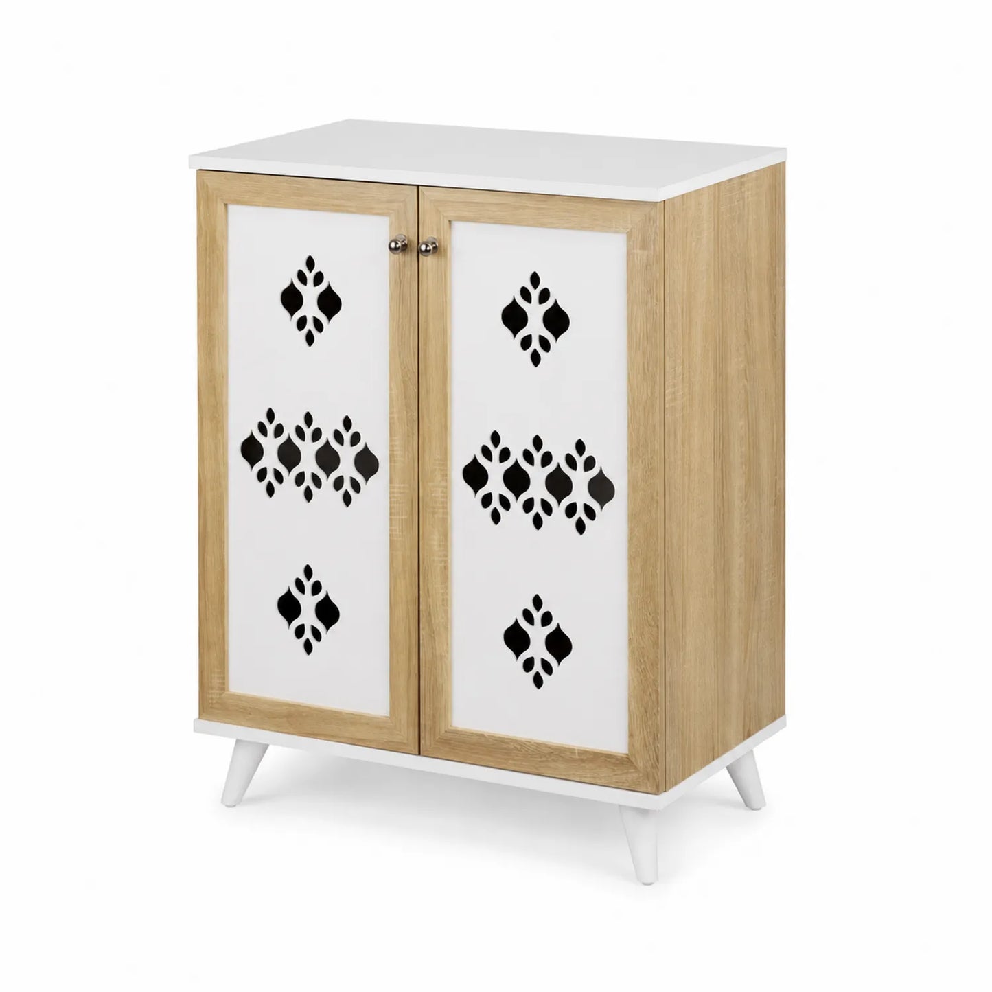 Credenza in MDF Bianco e Naturale con Decoro Traforato