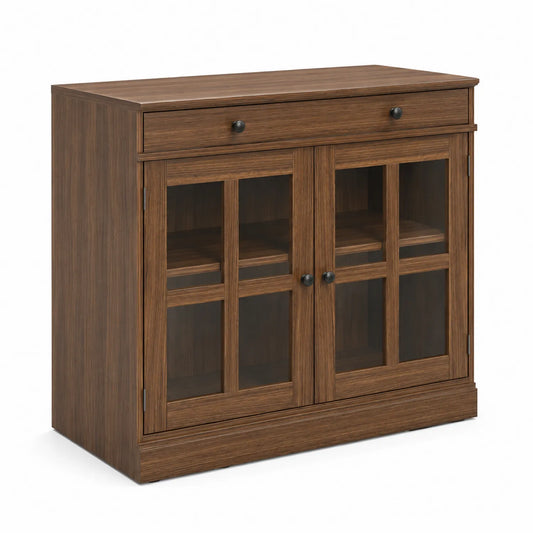 Credenza in legno marrone con ante in vetro temperato