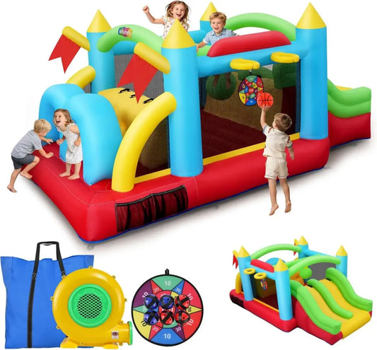 Castello Gonfiabile per Bambini, Trampolino 2 in 1 da Giardino con Ventilatore