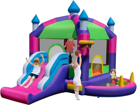 Castello Gonfiabile per Bambini con Scivolo e Canestro, Trampolino, 385x332,5x300 cm