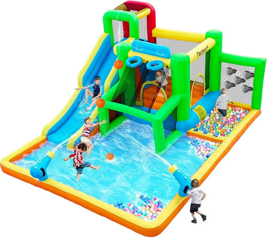 Castello Gonfiabile Acquatico per Bambini con Scivolo e Trampolino, Adatto per Interni ed Esterni, Supporta 4 Bambini, 425x355x215 cm