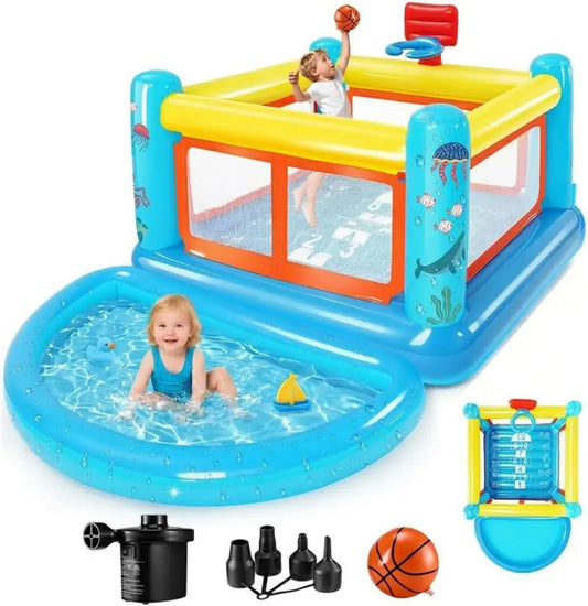 Castello gonfiabile per bambini 3-6 anni, adatto per interno ed esterno, con piscina rimovibile e canestro, in PVC durevole
