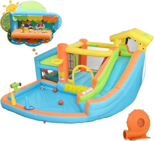 Castello Gonfiabile per Bambini con Scivolo e Cestino da Basket, Parco Acquatico in Tessuto Oxford con Ventola, Gioco da Esterno
