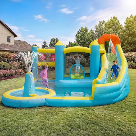 Castello gonfiabile acquatico per bambini con scivolo, ideale per giardino e giochi all'aperto