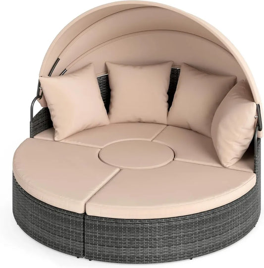 Sdraio Modulare in Rattan Intrecciato con Tettuccio Regolabile, Ideale per Giardino e Piscina
