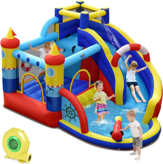 Castello Gonfiabile per Bambini con Scivolo e Piscina, Area Salto e Parete Arrampicata, Include Borsa di Trasporto e Soffiatore 550W, 360x290x200 cm