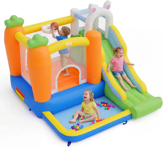 Castello Gonfiabile per Bambini con Trampolino e Scivolo, Adatto per Interno ed Esterno, Include Palline, Parete da Arrampicata e Canestro, 3-12 Anni