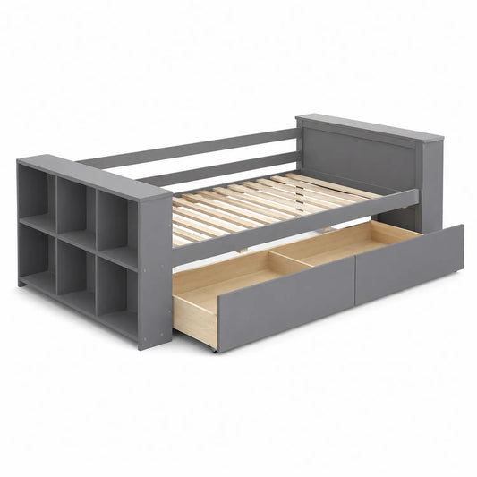 Letto Singolo Grigio in Legno con Cassetti e Ripiani