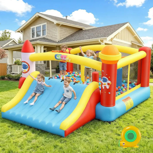 Castello gonfiabile con scivolo e trampolino per bambini 3-12 anni, adatto interno ed esterno, include soffiatore