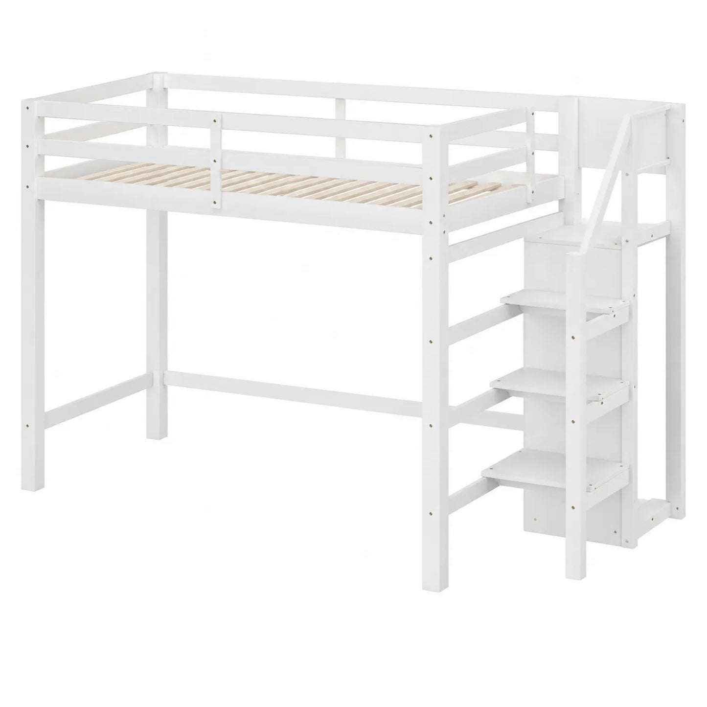 Letto a soppalco in legno bianco con scala e ripiani 200x90 cm