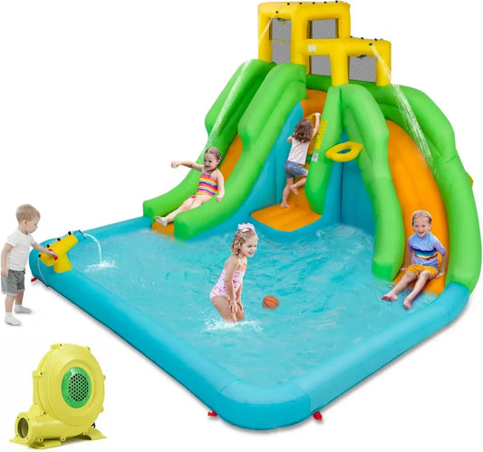Castello Gonfiabile 5 in 1 per Bambini con Soffiatore 480W, Scivoli e Parco Giochi Acquatico, Include Borsa Trasporto e Kit Riparazione