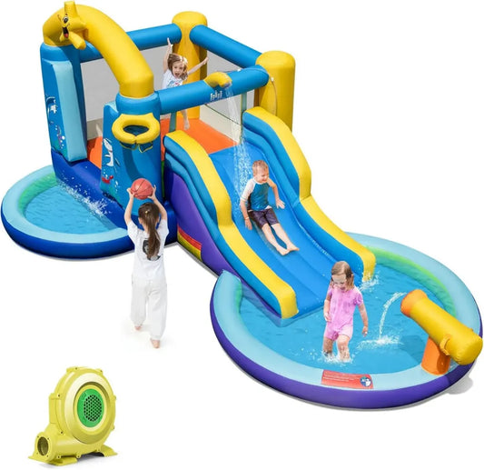 Castello Gonfiabile per Bambini con Scivoli e Piscine, Parco Giochi Acquatico con 50 Palline e Canestro, 490x290x220cm