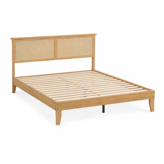 Letto matrimoniale in legno con testiera in rattan 200x160 cm