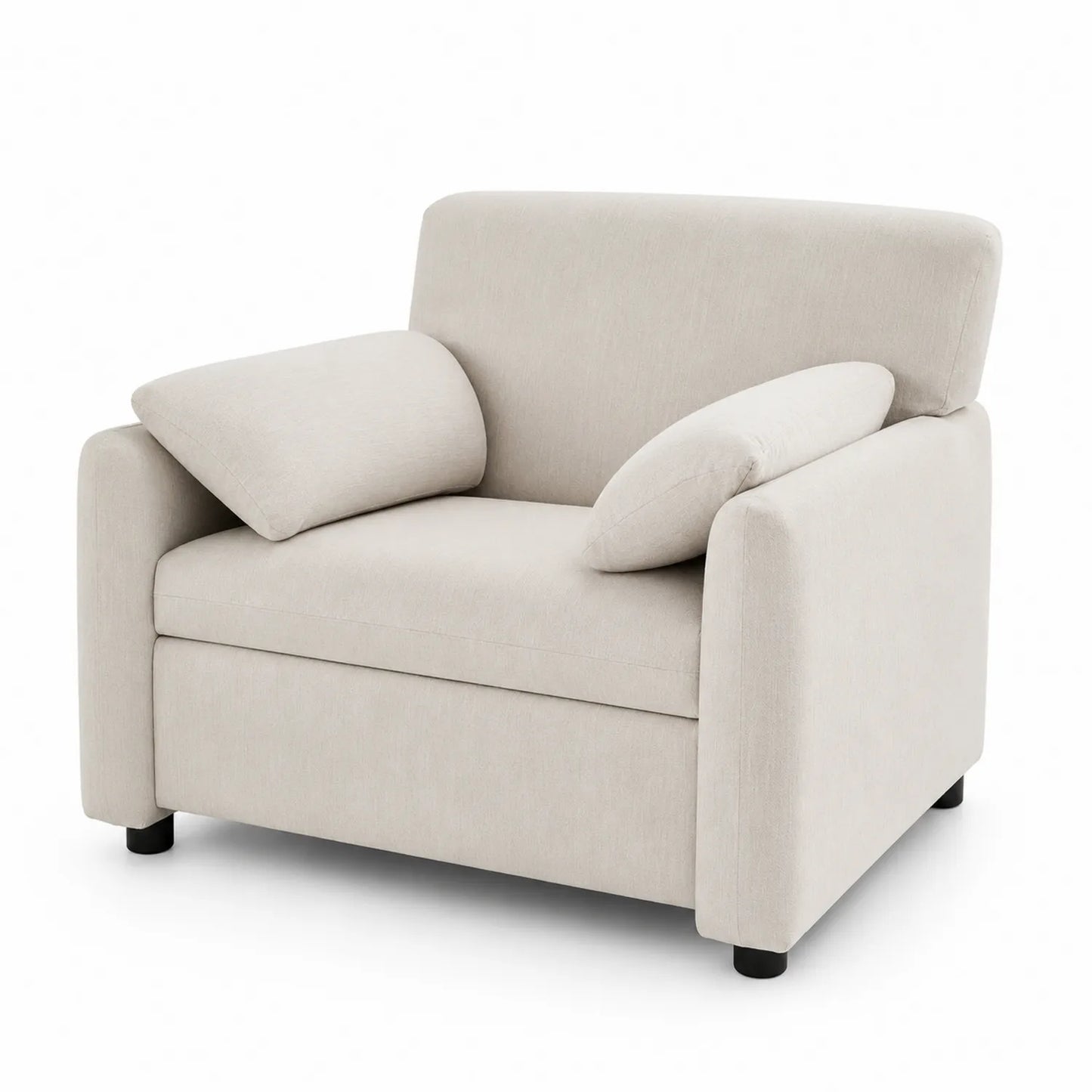 Poltrona in tessuto con struttura in legno e cuscini beige