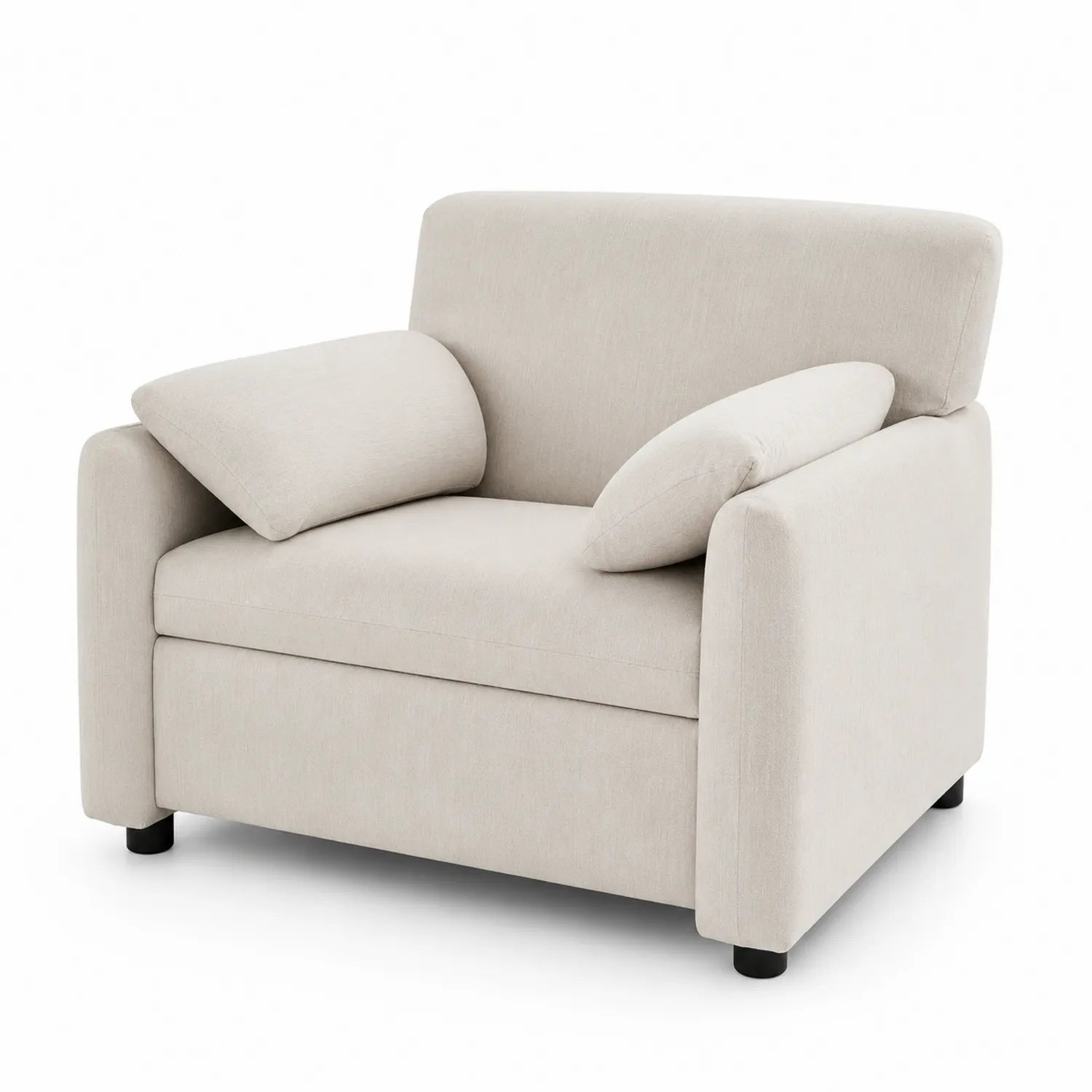 Poltrona in tessuto con struttura in legno e cuscini beige