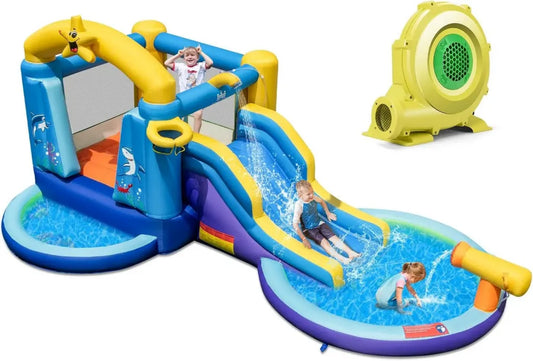 Castello Gonfiabile Oceanico con Parco Giochi Acquatico, Soffiatore 680W, Scivolo e Piscine per Bambini