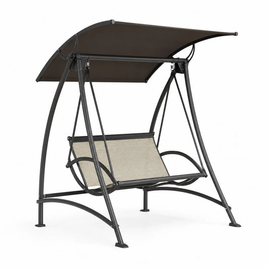 Dondolo da giardino con struttura in acciaio e tessuto in poliestere beige, tettoia regolabile