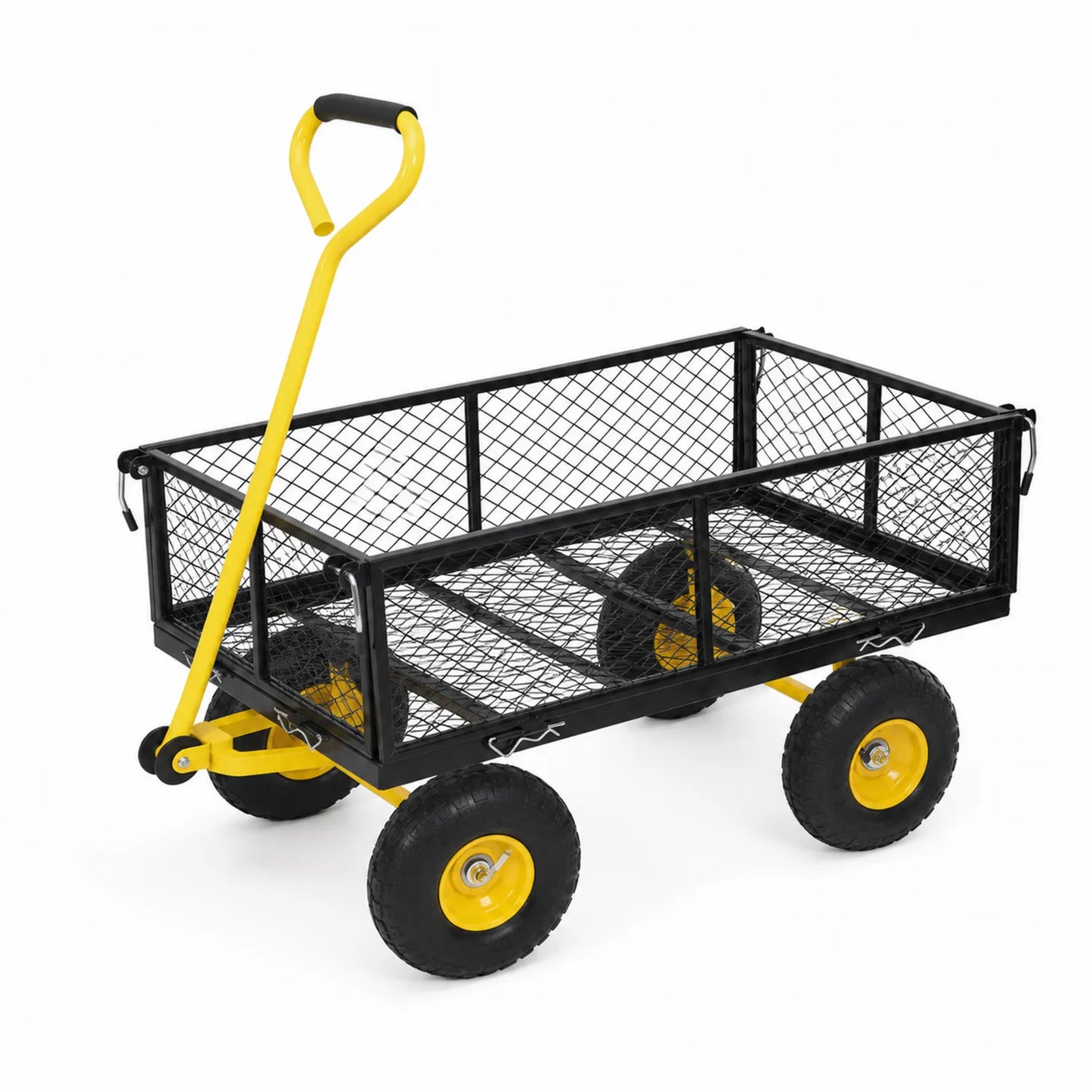 Carrello da Giardino in Metallo Nero con Manico Giallo 110x50x55cm