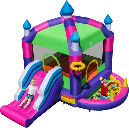 Castello Gonfiabile per Bambini con Scivolo, Adatto a Interni ed Esterni, Capacità 90 kg, Montaggio e Gonfiaggio Facile
