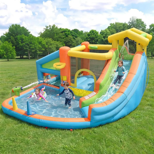 Castello gonfiabile per bambini con scivolo e parco acquatico, include ventilatore e giochi interattivi