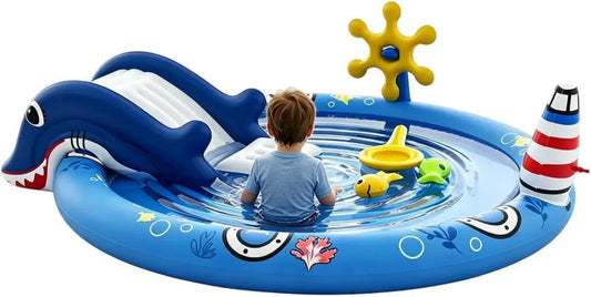 Centro giochi d'acqua per bambini con piscina gonfiabile e scivolo, tema marino, 203x152x64 cm