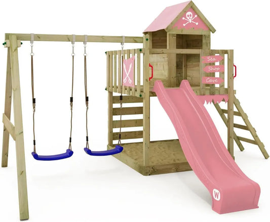 Area giochi per bambini WICKEY Smart Cave con altalena, scivolo e sabbiera, struttura esterna con accessori e scaletta (rosa pastello)
