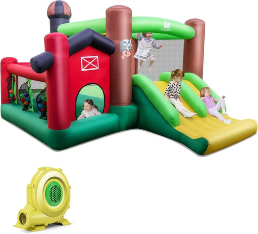 Castello Gonfiabile Bambini con Doppio Scivolo e Piscina Palline, Soffiatore 680W, per Interno ed Esterno, 3-12 Anni