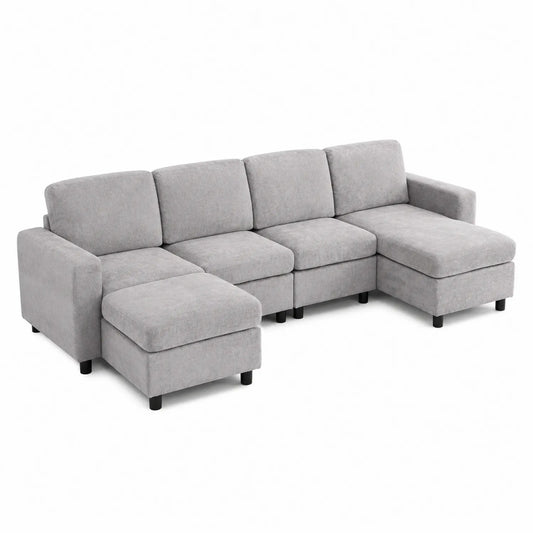 Divano modulare angolare in poliestere grigio con base in legno