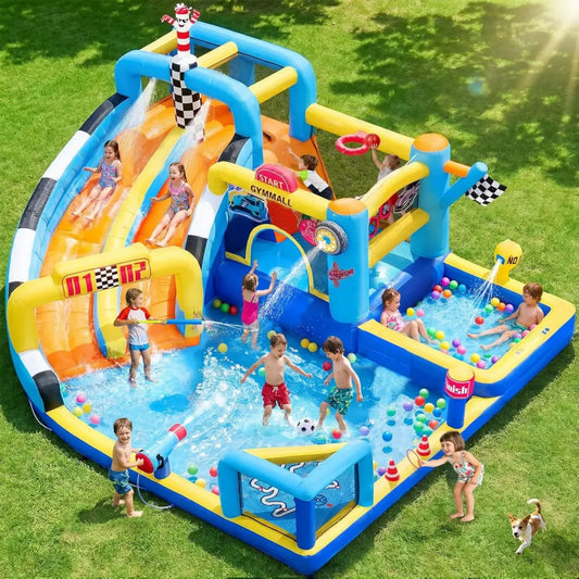 Castello Gonfiabile Multifunzione 12 in 1 con Scivoli Aqua, Ventilatore 750W, Area Calcio e Piscina, Tema Gara