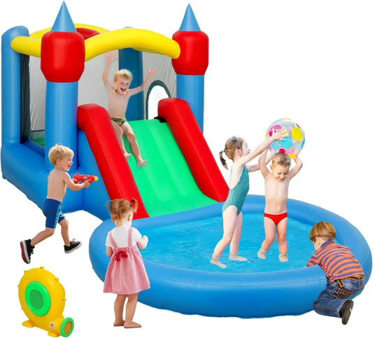 Castello Gonfiabile 4 in 1 per Bambini con Scivolo e Trampolino, Adatto a 3-8 Anni, 415x205x190 cm