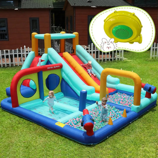 Castello gonfiabile acquatico per bambini 3-8 anni con scivoli e ventola, giochi d'acqua, fontana, e parete arrampicata, 450x365 cm in PVC Oxford