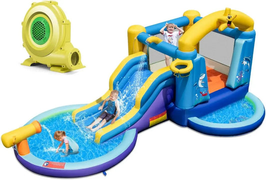 Castello Gonfiabile LIFEZEAL per Bambini 3-10 Anni, Tema Marino, con Scivolo e Piscina, Giochi Acquatici per Interni ed Esterni, 50 Palline Incluse, 490x290x220cm