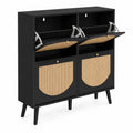 Scarpiera in Legno Nero con Dettagli in Rattan