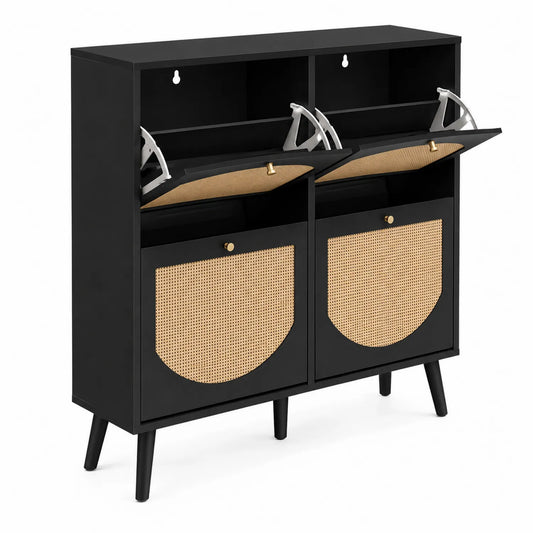 Scarpiera in Legno Nero con Dettagli in Rattan